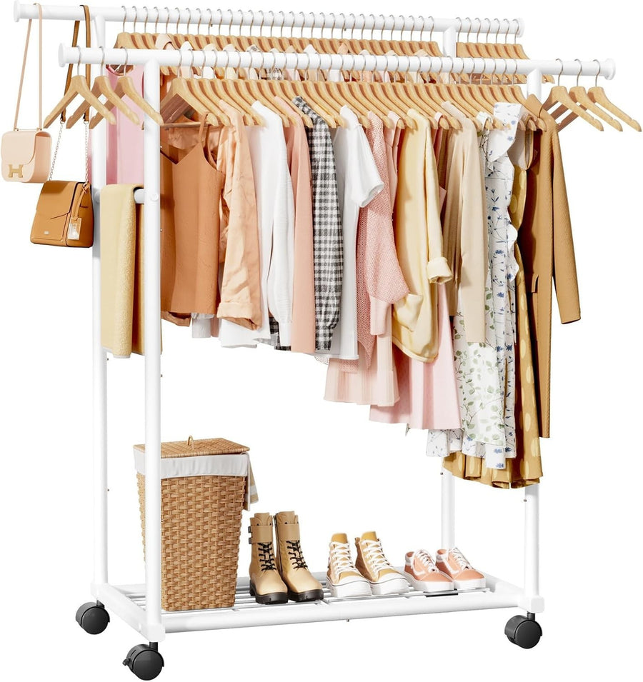 Double Rod Clothes Rail with Shelf & Wheels – White 150cm