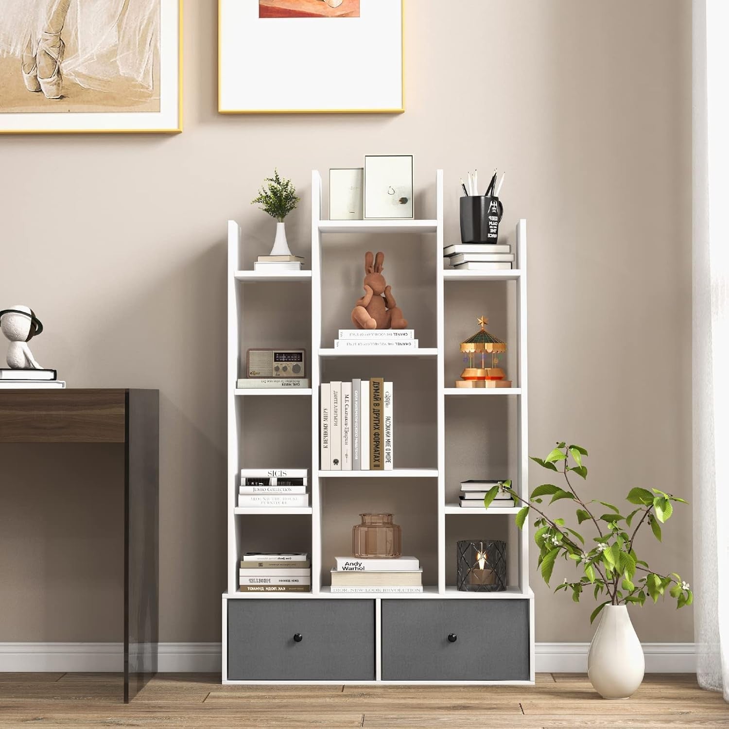 White Tree-Shaped Tall Bookcase 12 Cube Storage Shelf with 2 Drawers 80×24×132cm