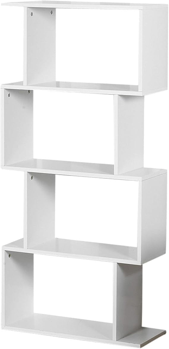 Modern S-Shaped 4-Tier Display Shelf Unit – Space-Saving Bookcase Storage White