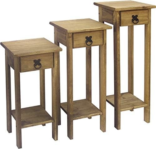 3X Rustic Pine Wood Plant Stands | Tall Nesting Tables with Drawer Storage Set