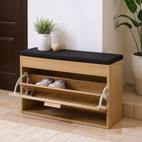 Wood Shoe Storage Bench with Cushion & Flip Drawer – Modern Hallway Seat