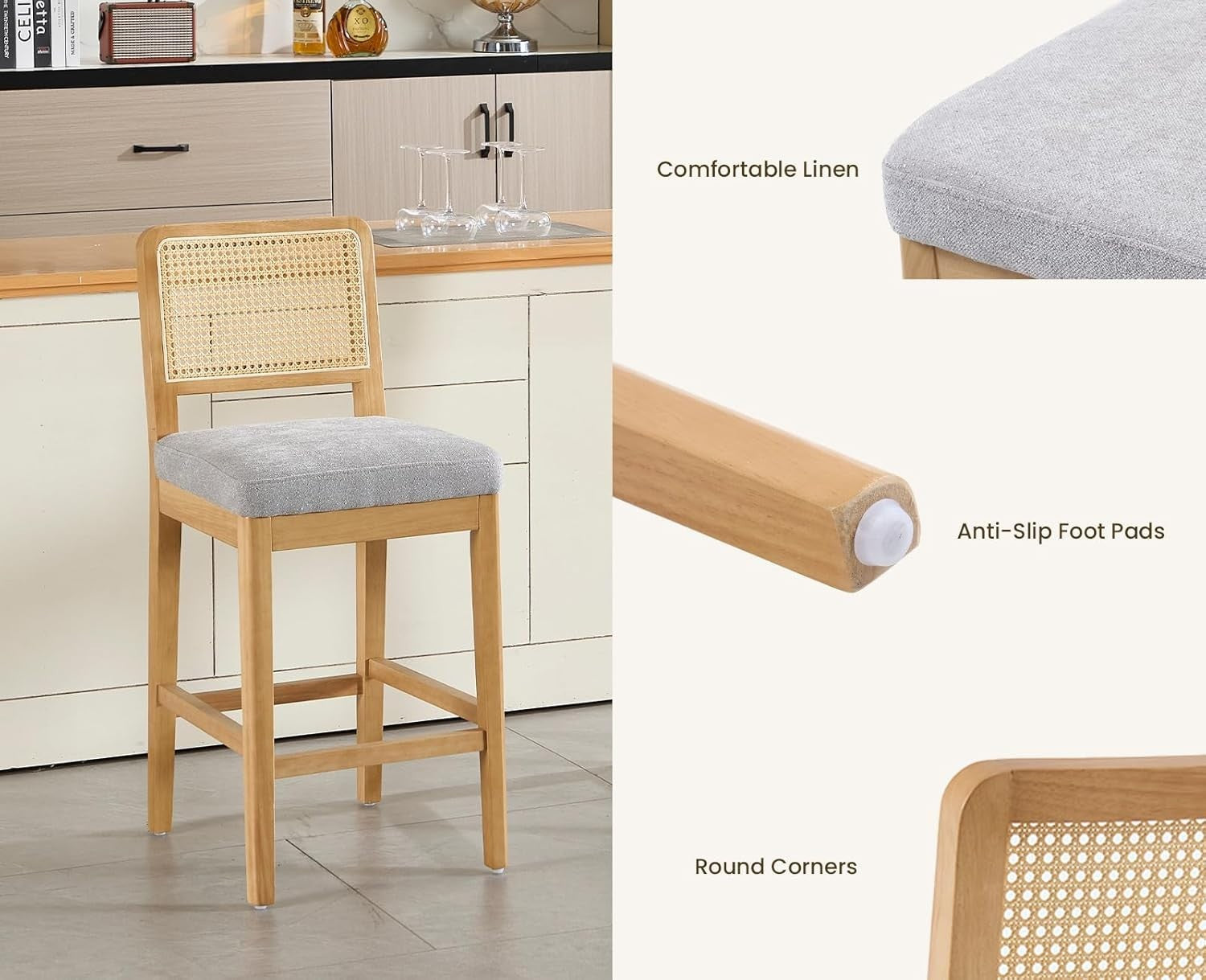 Grey Rattan Bar Stools Set of 2 Cushioned Counter Chairs Wooden Frame