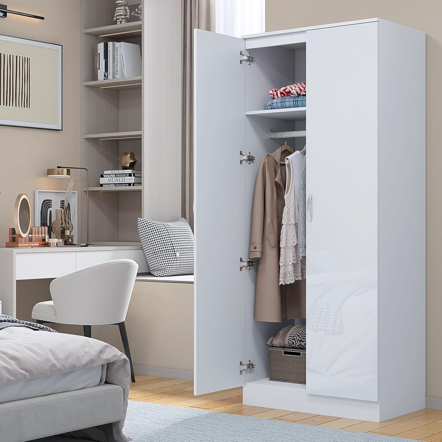 White High Gloss 2 Door Slim Wardrobe with Hanging Rail & Shelf 180cm