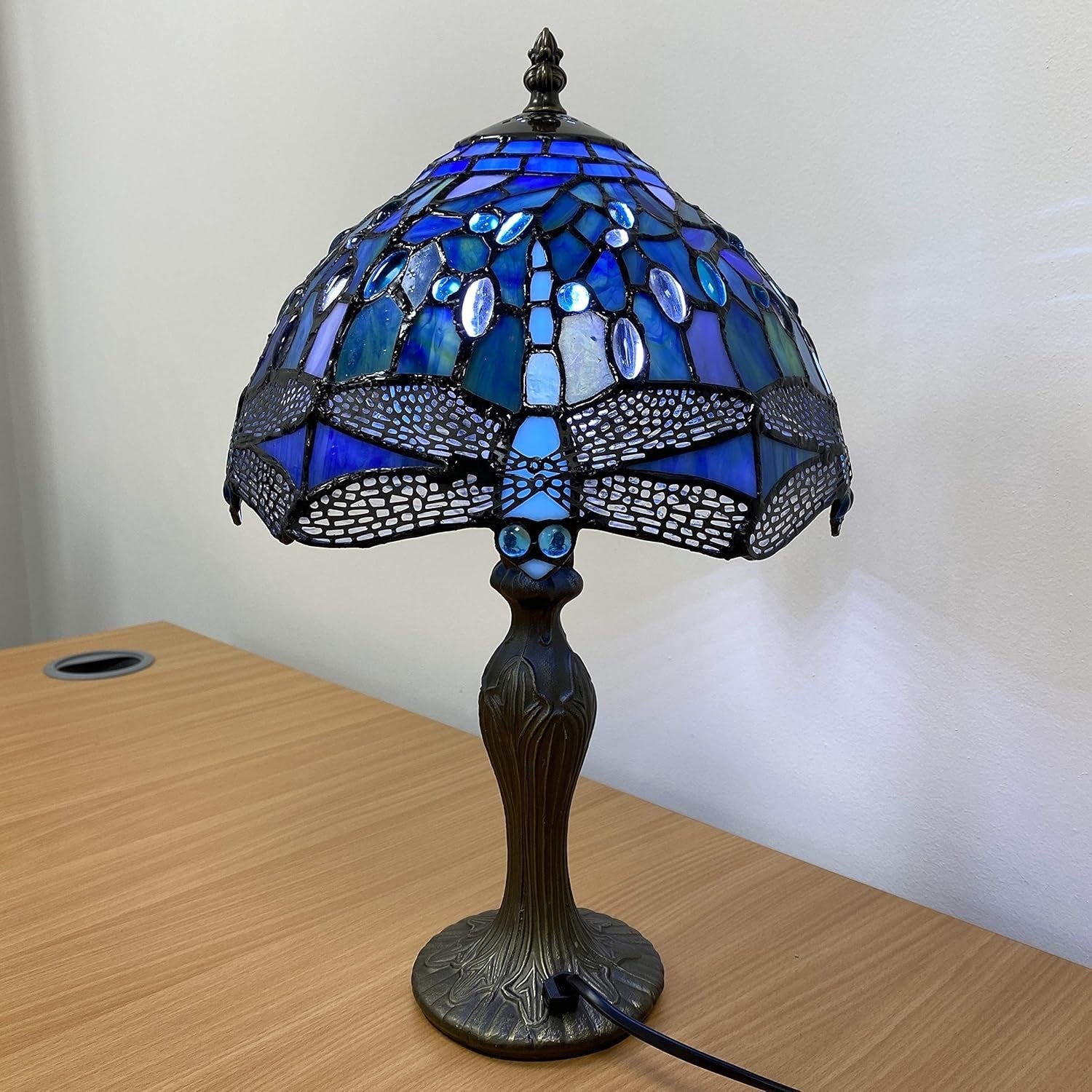 Tiffany Style Table Lamp Blue Dragonfly Stained Glass Antique 42cm E27