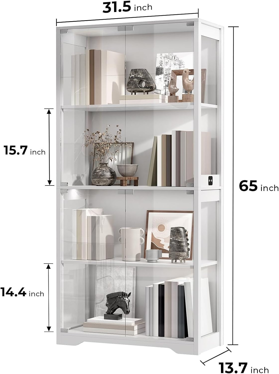 4 Tier Glass Display Cabinet with LED Lights White Trophy Bookcase 165cm
