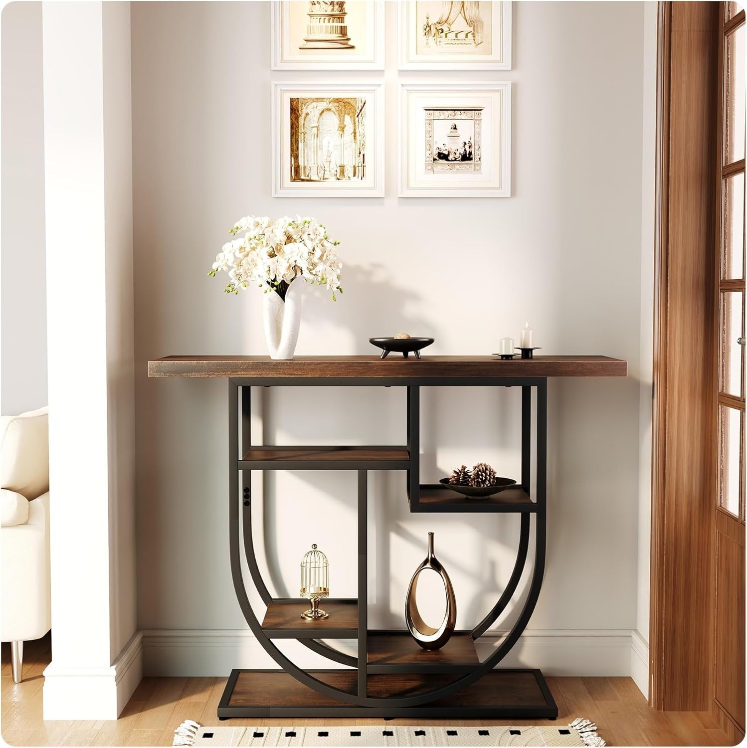 Narrow Rustic Console Table with Storage Shelves & Metal Frame 103cm