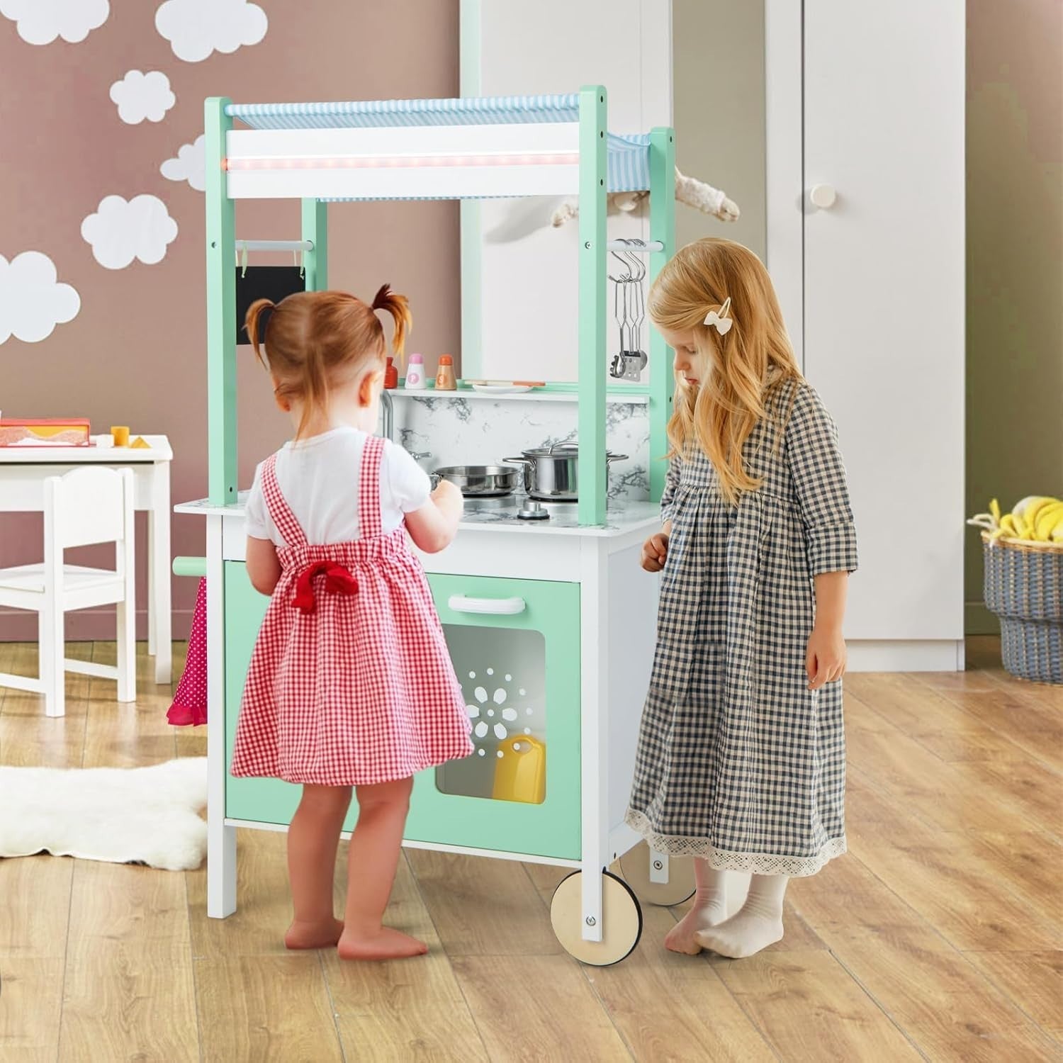 Kids Play Kitchen Grocery Store LED Lights Double Sided Toy Set