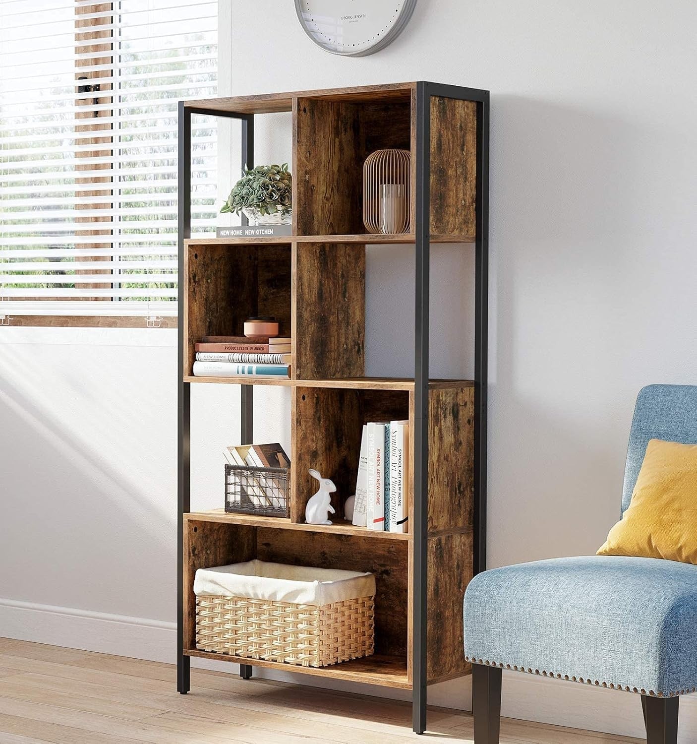 Industrial Cube Bookcase Storage Shelf – Rustic Brown Room Divider & Display Rac