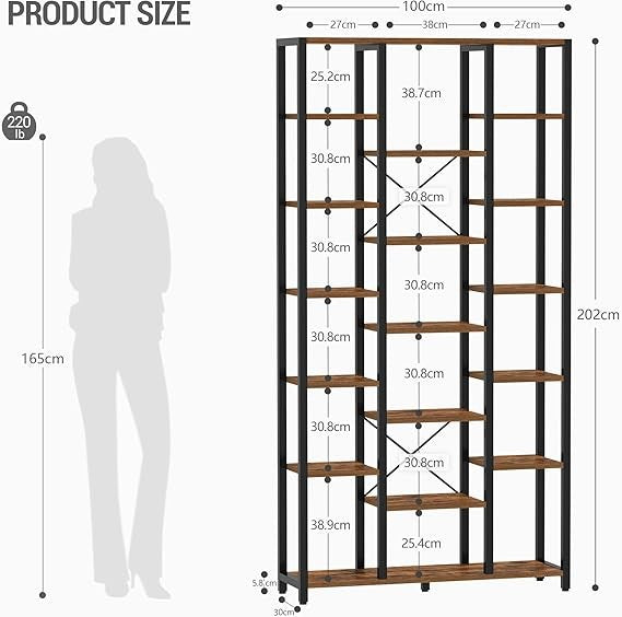 Tall 6 Tier Bookcase with 18 Shelves Storage Unit Rustic Brown Black 30x100x200