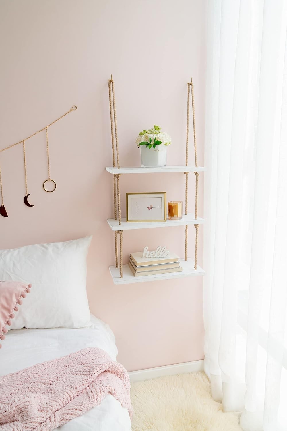 3-Tier White Wood Hanging Shelf Boho Rope Floating Decor