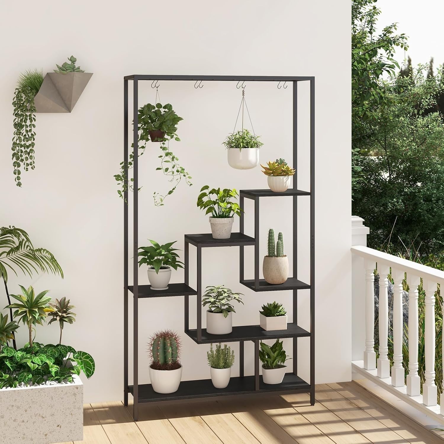 6-Tier Metal Plant Stand 180cm Tall Indoor Flower Shelf with Hooks & Wire Rack