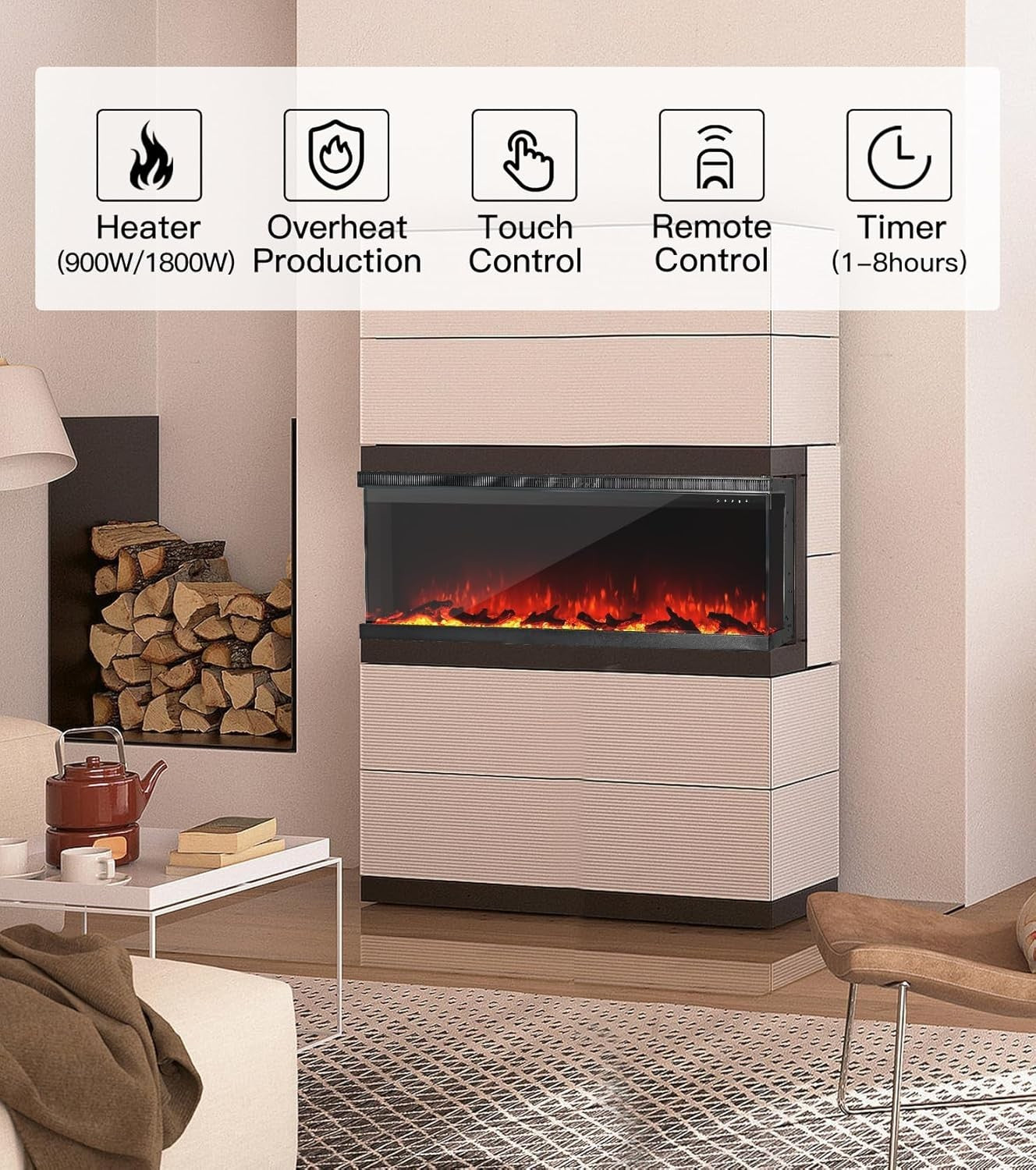 60" 3-Sided Electric Fireplace Wall Mount Freestanding 9-Color Flame Heater