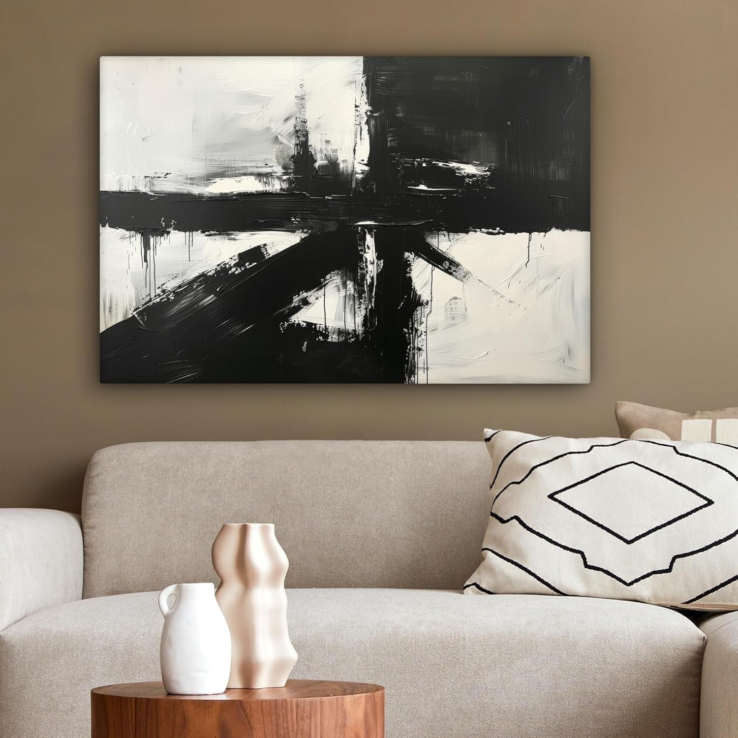 Abstract Black White Canvas Wall Art 60x40cm Framed Modern