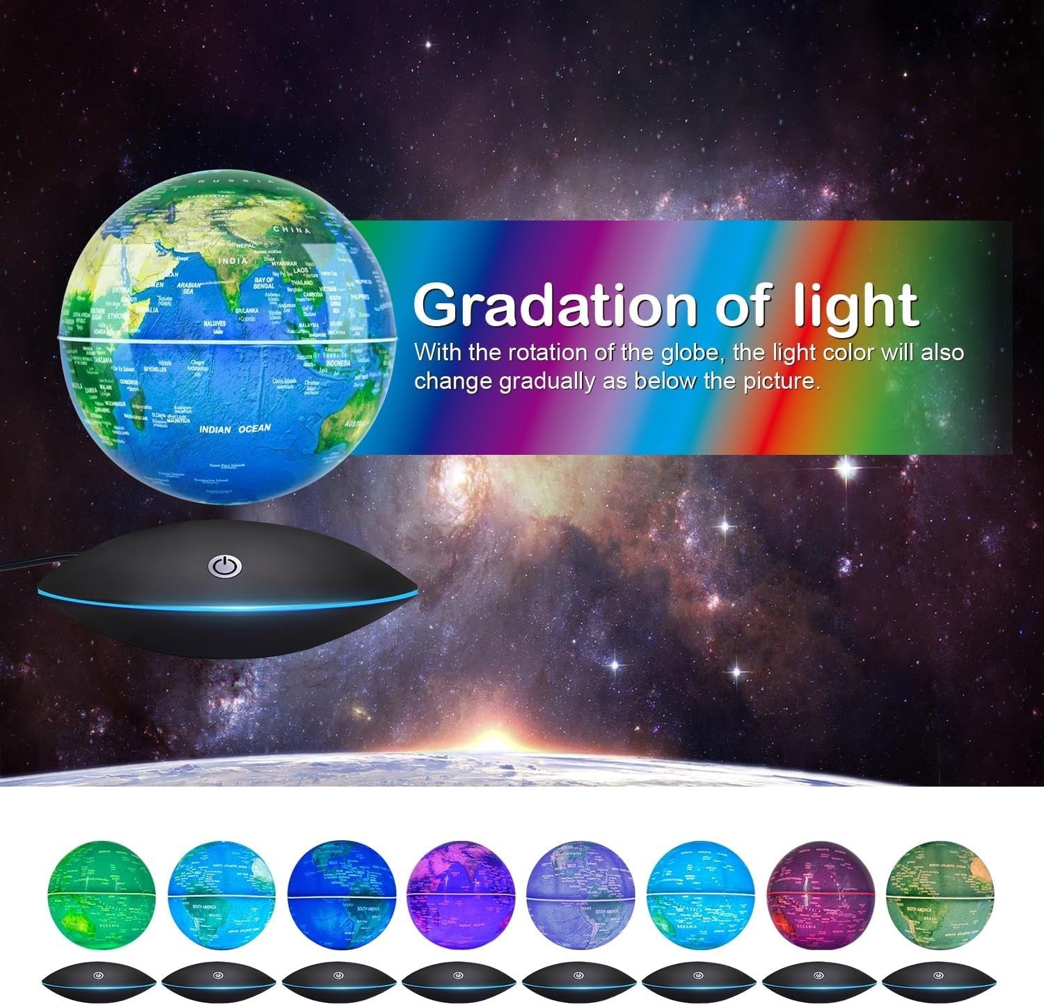 Magnetic Floating Globe Blue, 6" Rotating World Map LED Night Light