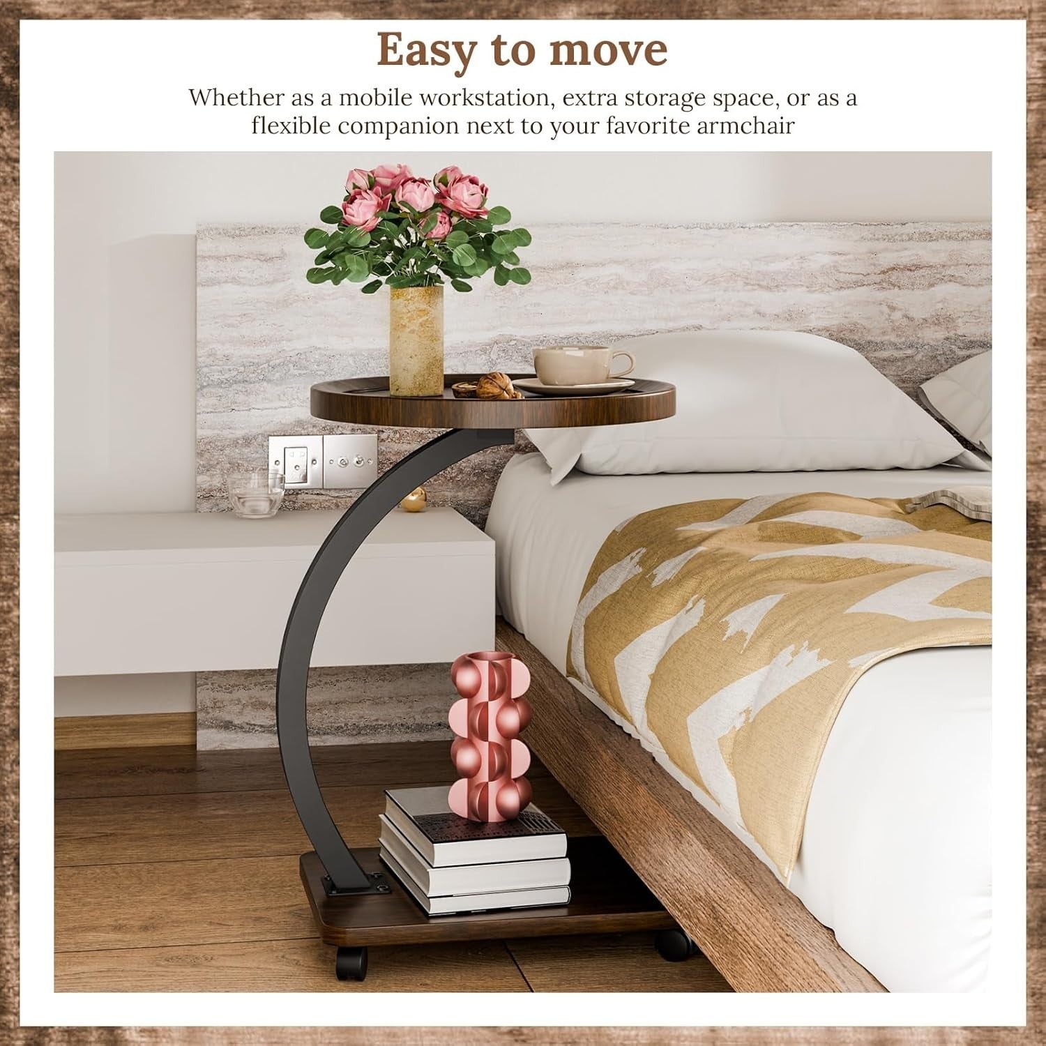 2-Tier C-Shaped Side Table with Casters Modern Small Sofa Bed Tray Table