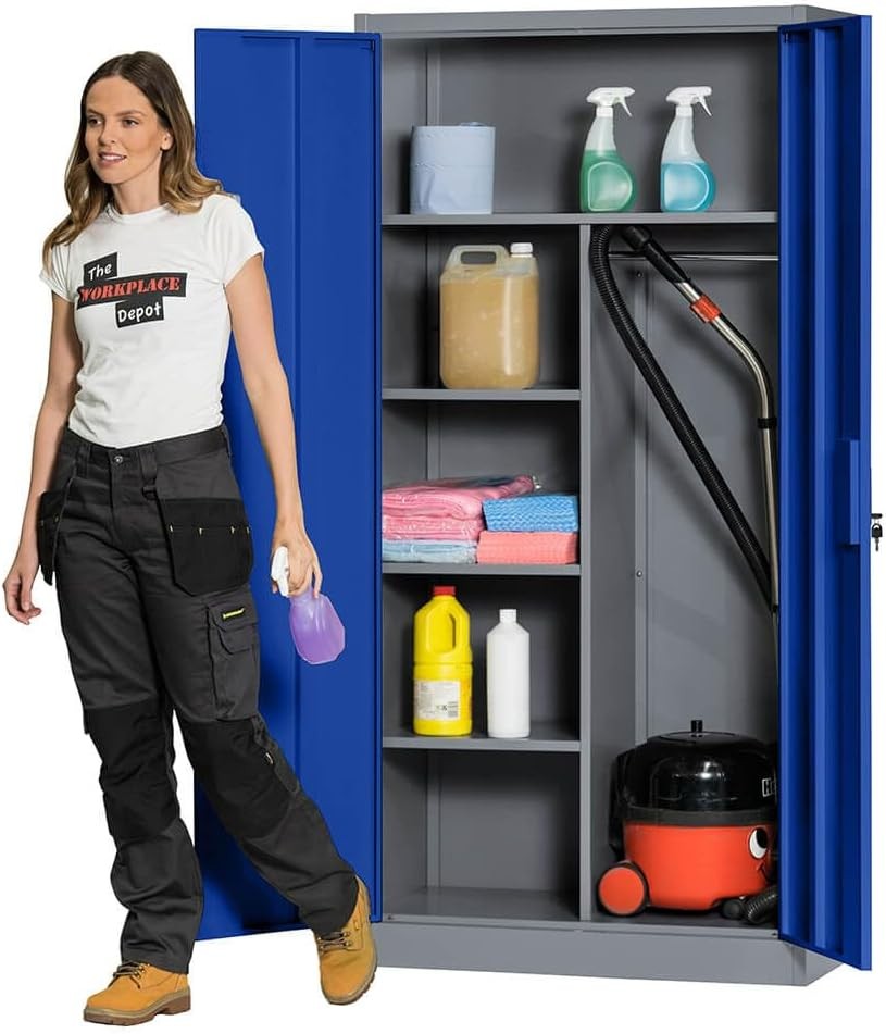 Blue Metal Lockable Cleaning Cabinet Utility Cupboard with Adjustable Shelves