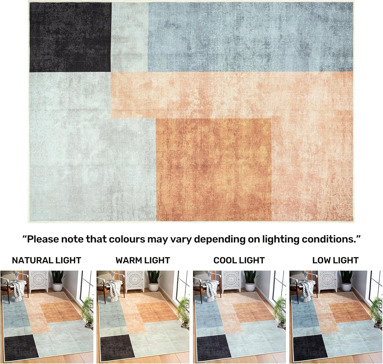 Large Washable Rug 200x290cm Retro Blocks Non-Slip Soft Area Carpet Living Room