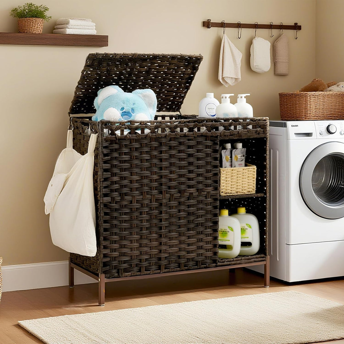 110L Brown Rattan Laundry Hamper 2 Section with Lid Wicker Basket Shelf Unit