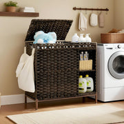 110L Brown Rattan Laundry Hamper 2 Section with Lid Wicker Basket Shelf Unit