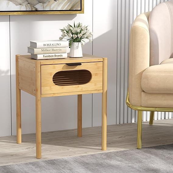Modern Bamboo Bedside Tables Set of 2 with Drawer & Glass Front 40x40x50cm