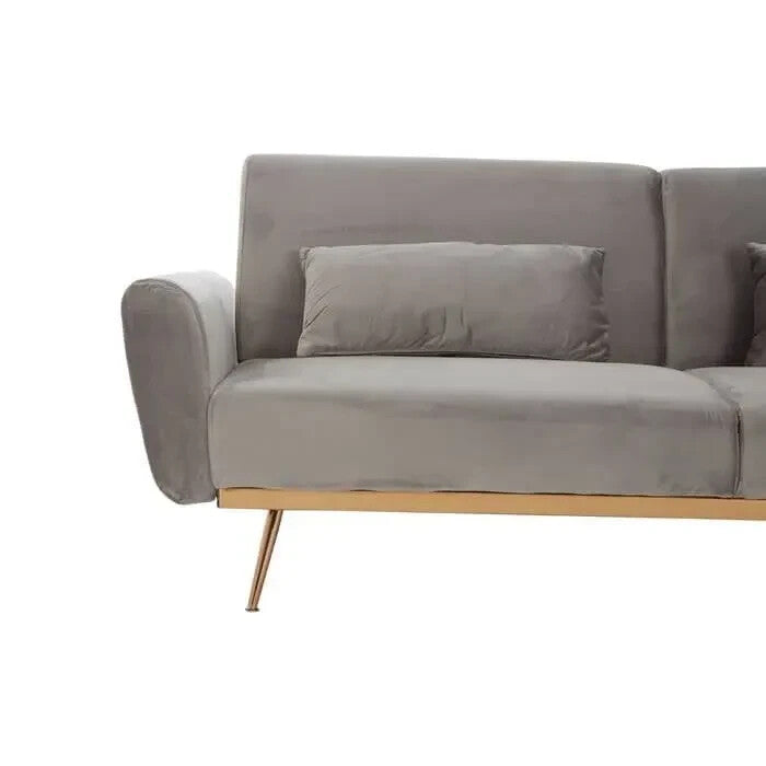 Grey Velvet 3-Seater Sofa Bed with Rose Gold Legs – Modern Pull Out Couch