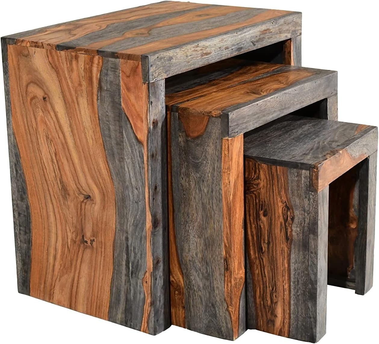 Space Saving Nesting End Tables Solid Sheesham Wood Dark Stain Cube Set of 3