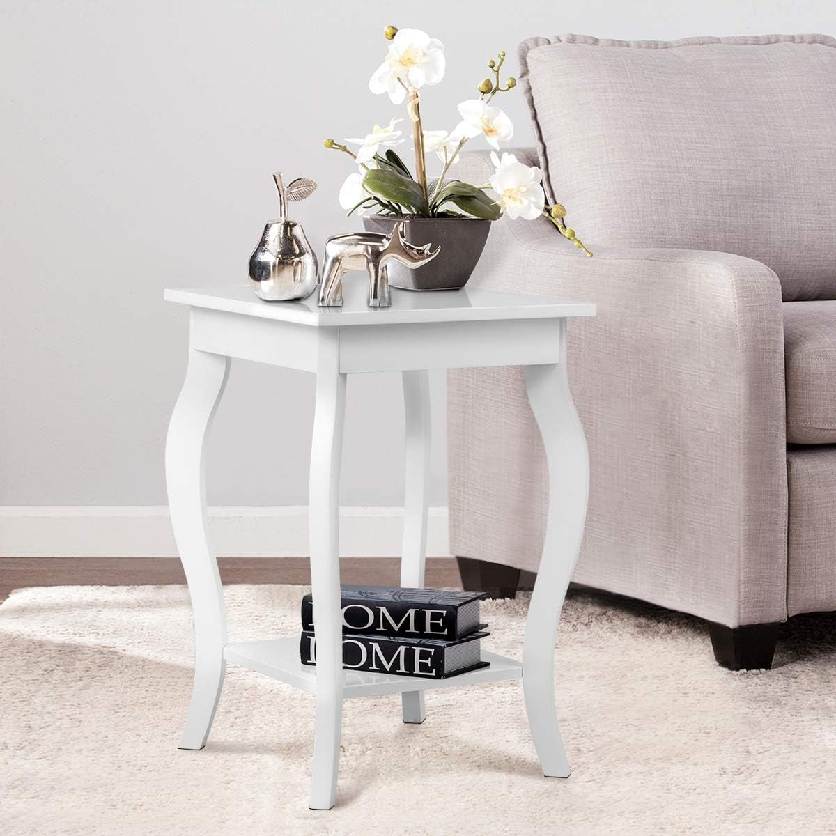Set of 2 White Wooden Bedside Tables – Modern 2-Tier Side Tables 40×40×60cm