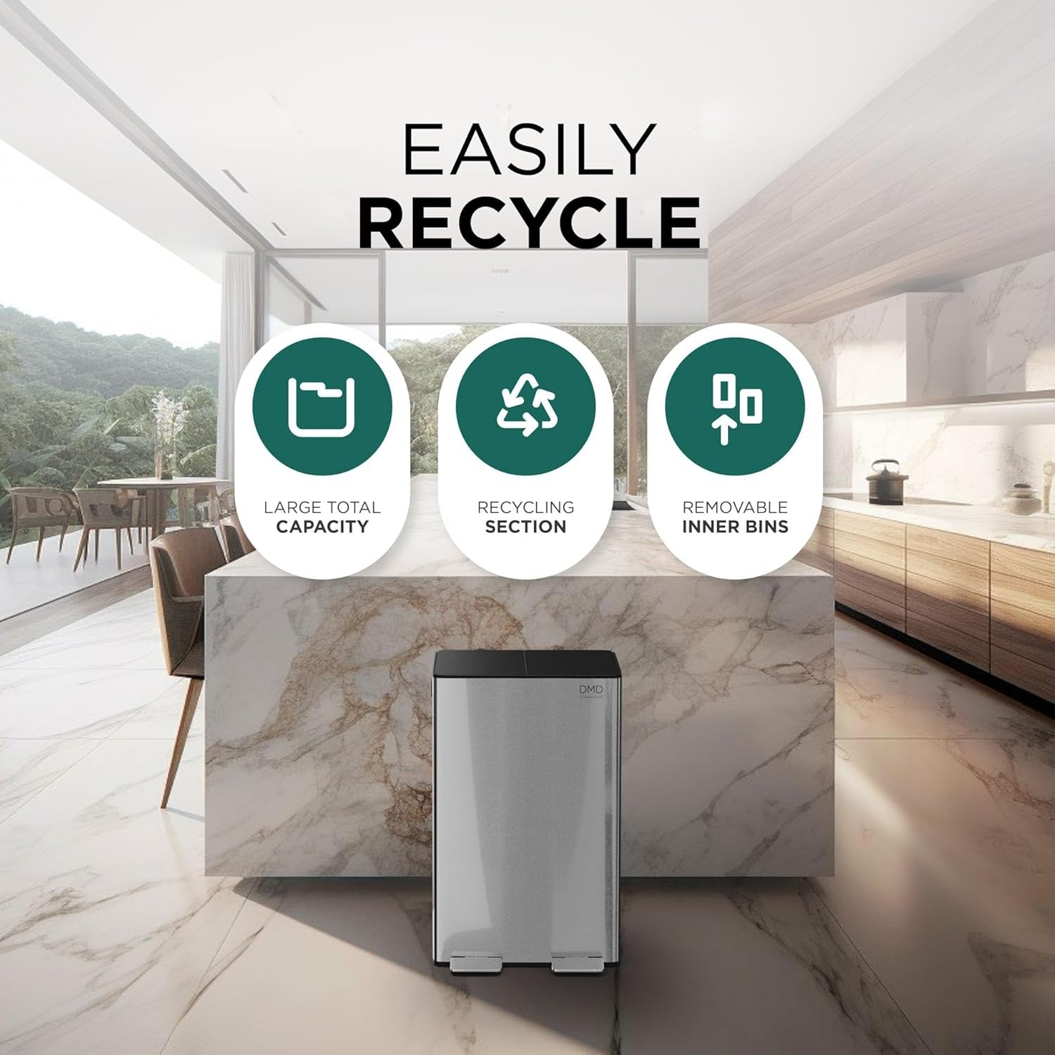 60L Stainless Steel Recycling Bin 2x30L + 3L Compost Pedal