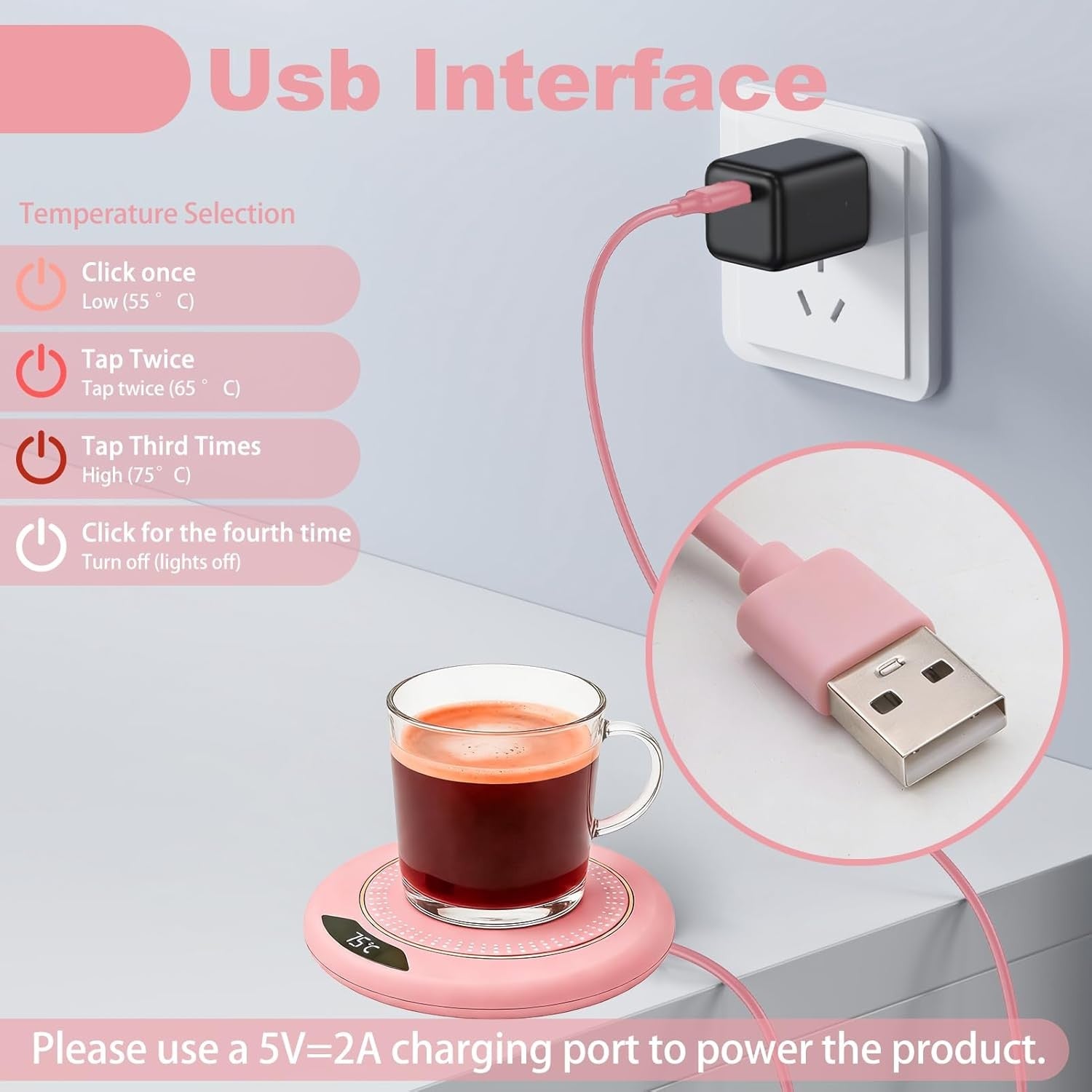 USB Coffee Mug Warmer 3 Temp Settings LED Display Desk Heater