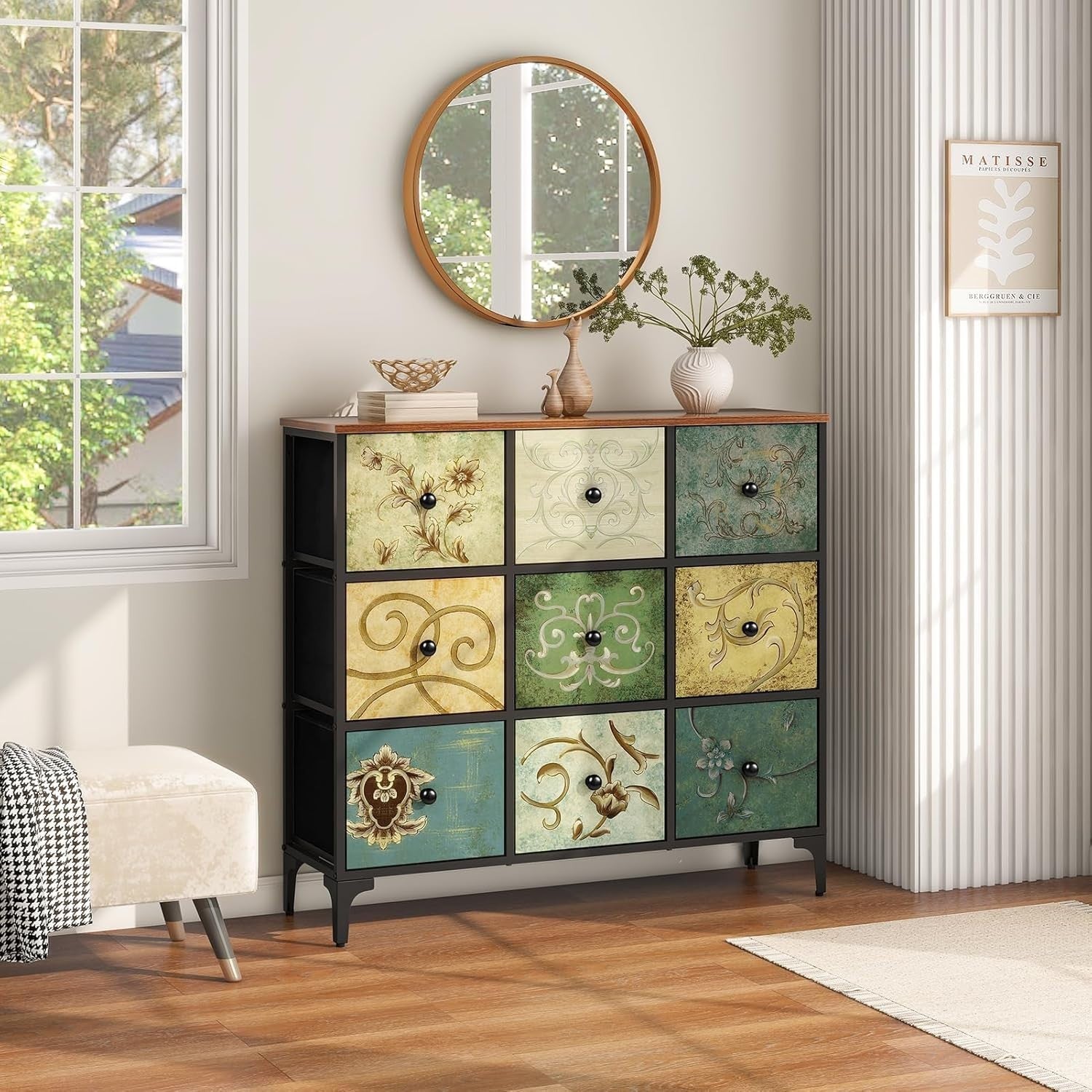 Vintage 9 Drawer Chest Cabinet Wood Storage Unit for Bedroom Entryway