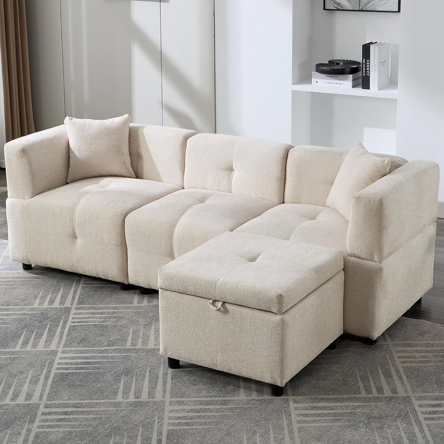 4-Seat L-Shaped Corner Sofa with Storage Ottoman, Removable Cushions, Beige