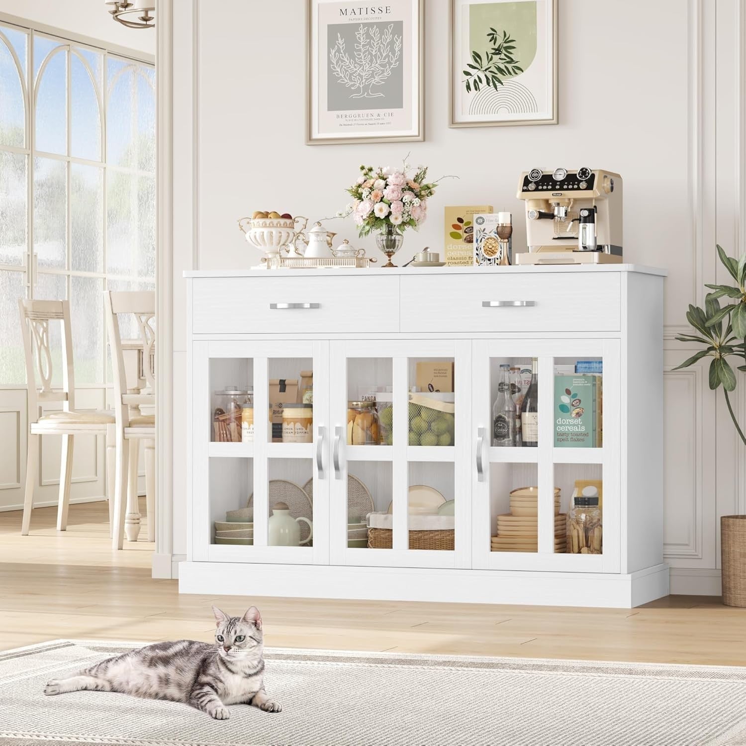 White Sideboard Cabinet Glass Doors Storage Unit with Drawers Shelves