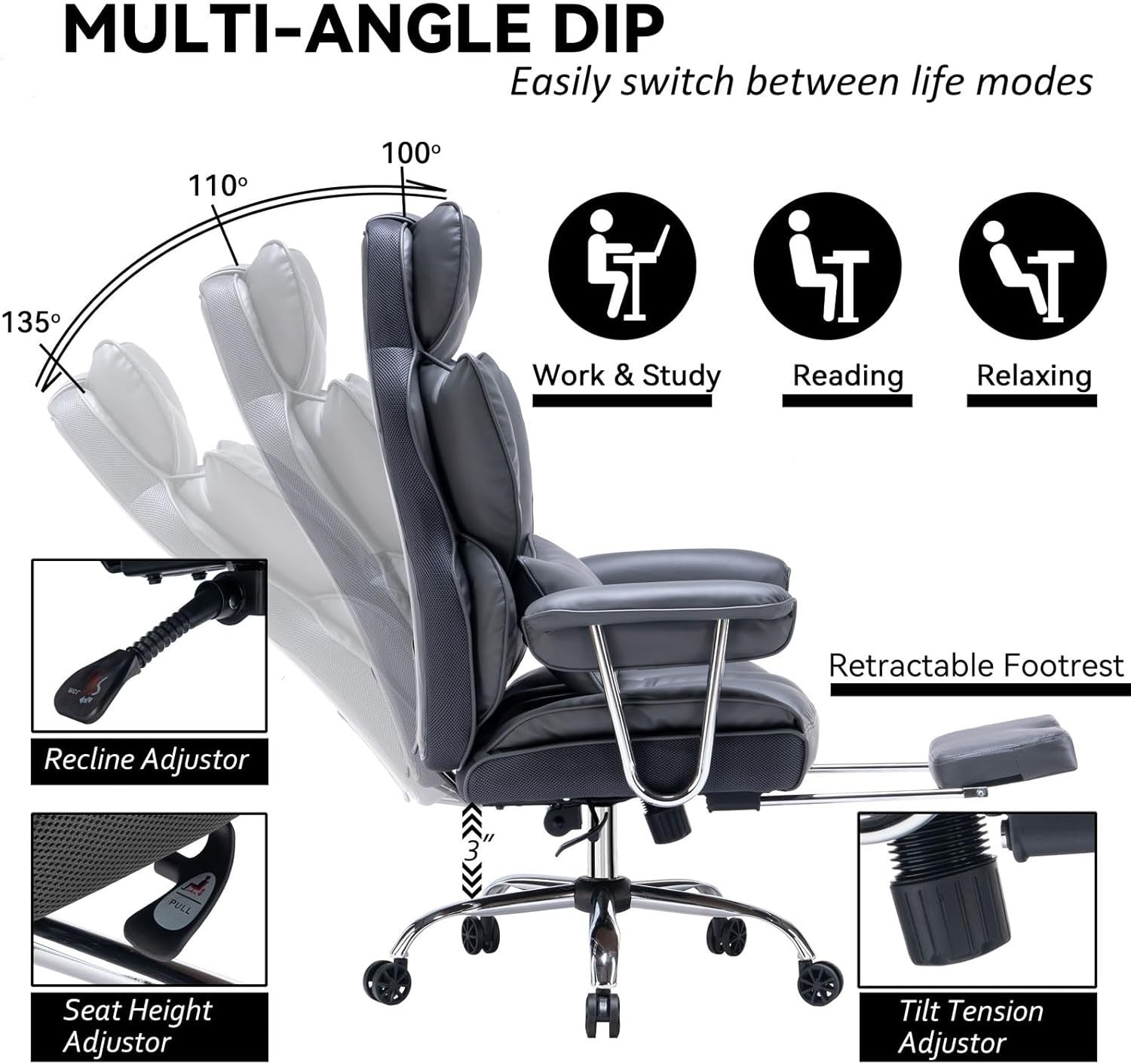 Executive Office Chair Large PU Leather Adjustable Desk Chair Footrest Heavy Dut