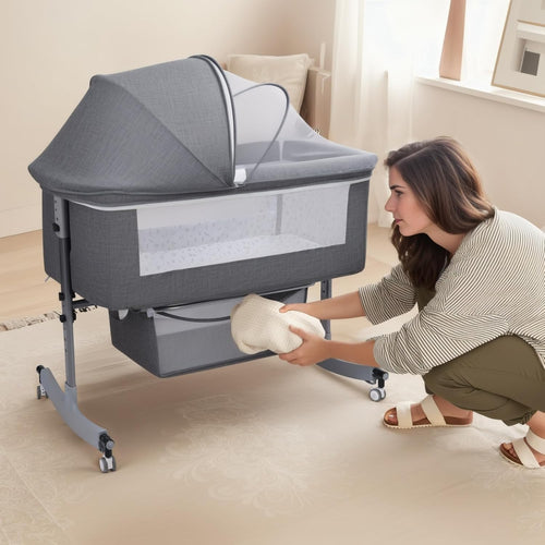 3in1 Baby Crib Bassinet Adjustable Travel Cot with Mattress & Storage Grey