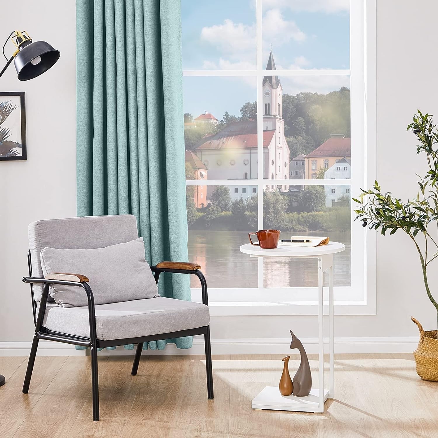Slim C-Shaped Side Table with 15" Round Top – Space-Saving White End Table