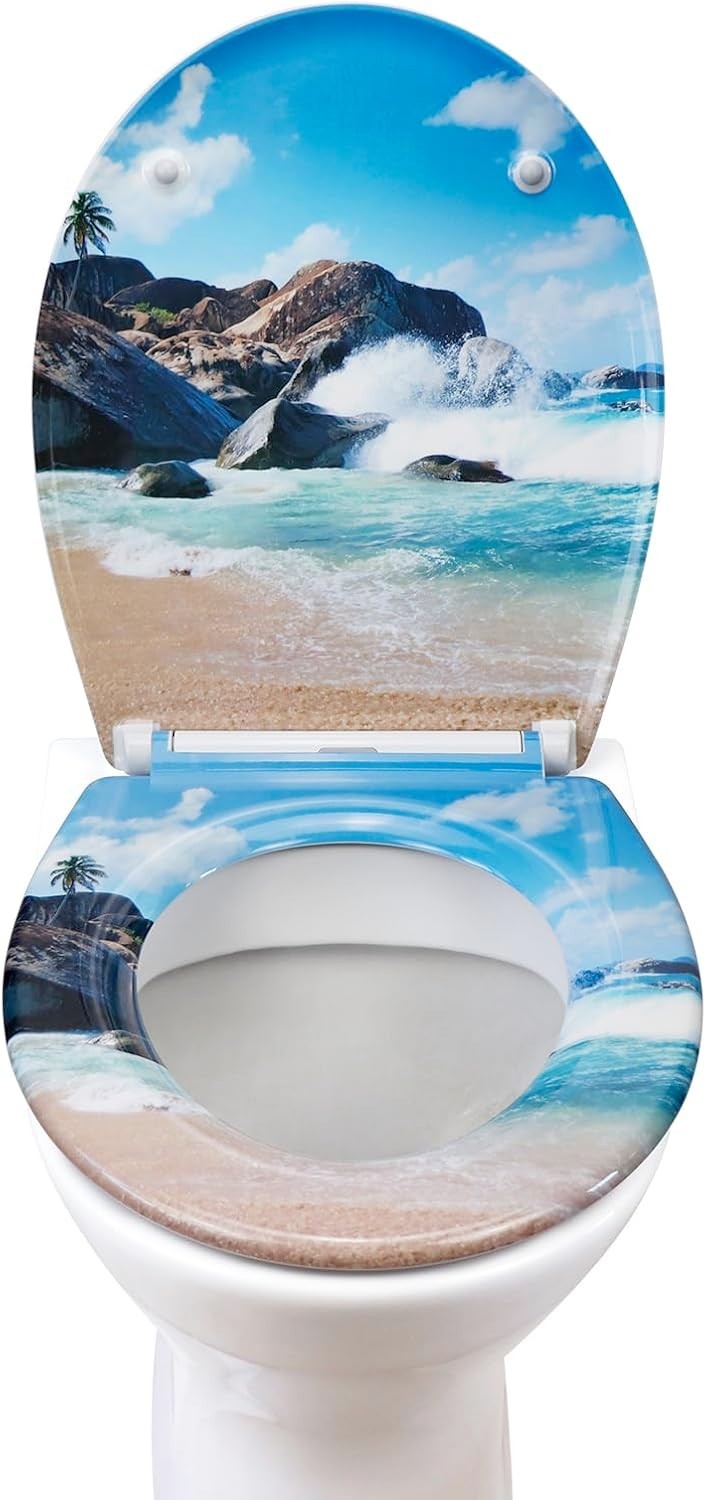 Soft Close Toilet Seat Duroplast Quick Release Top Fix Beach Pattern 45x37cm