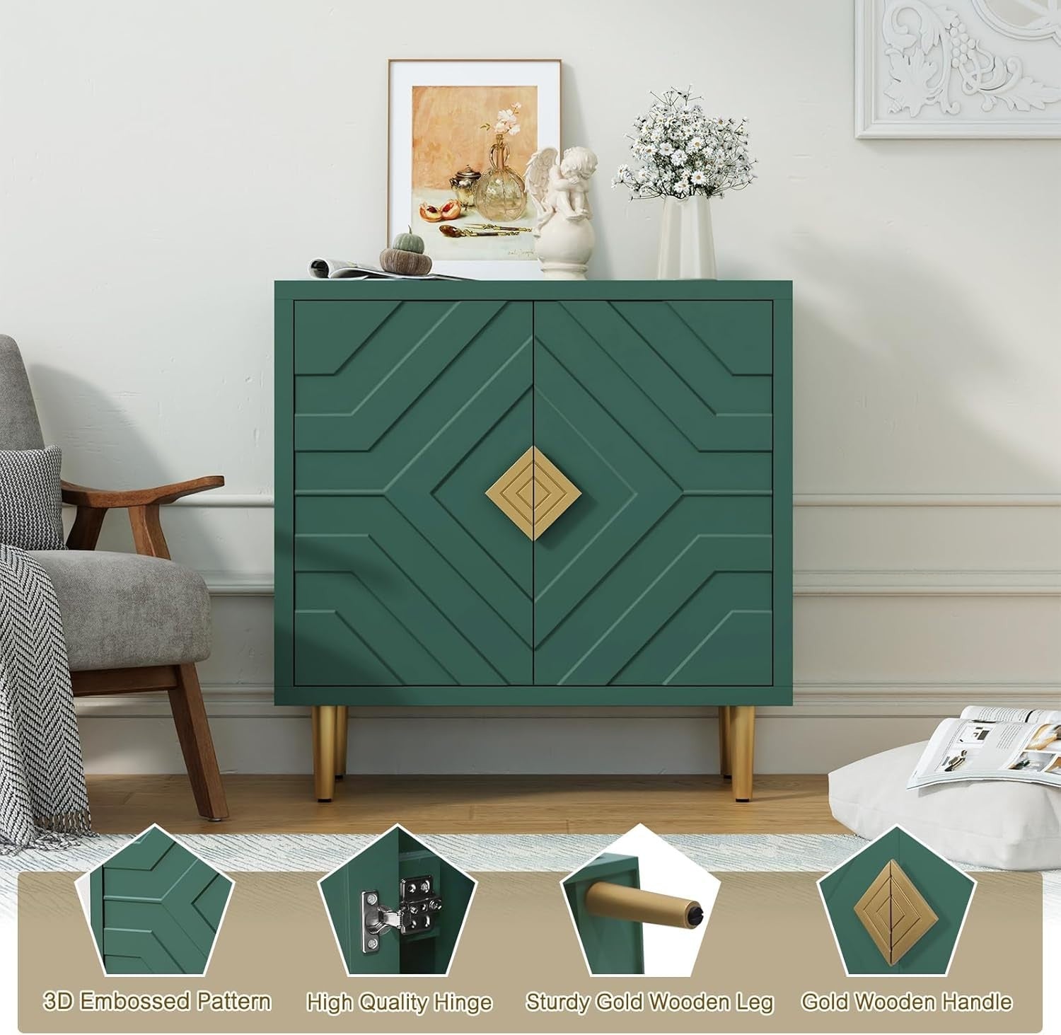 Modern 2-Door 3D Embossed Sideboard Storage Cabinet Green with Gold Legs