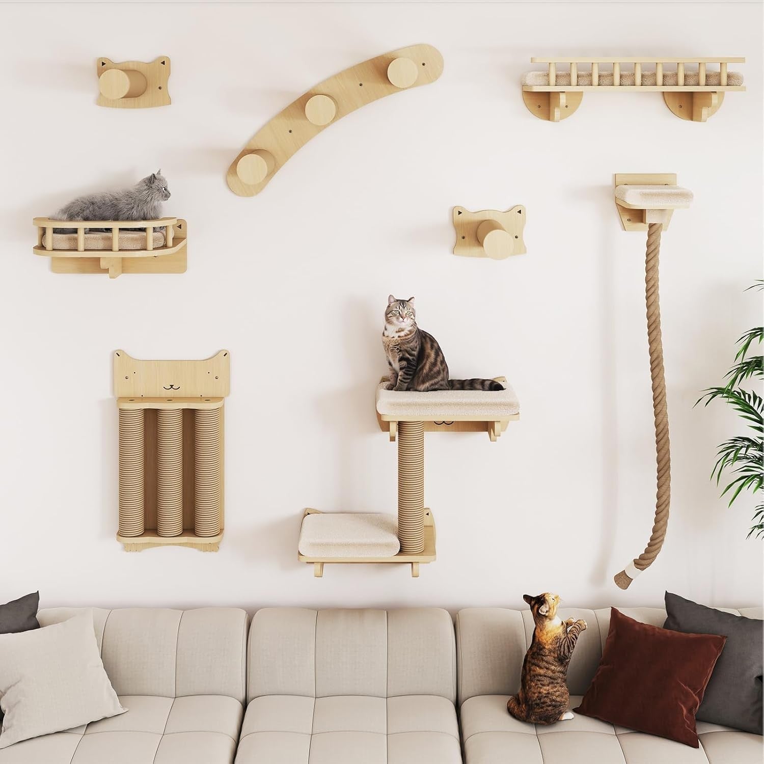 Cat Wall Climbing Set Solid Wood Shelves Scratching Posts Platforms Bed