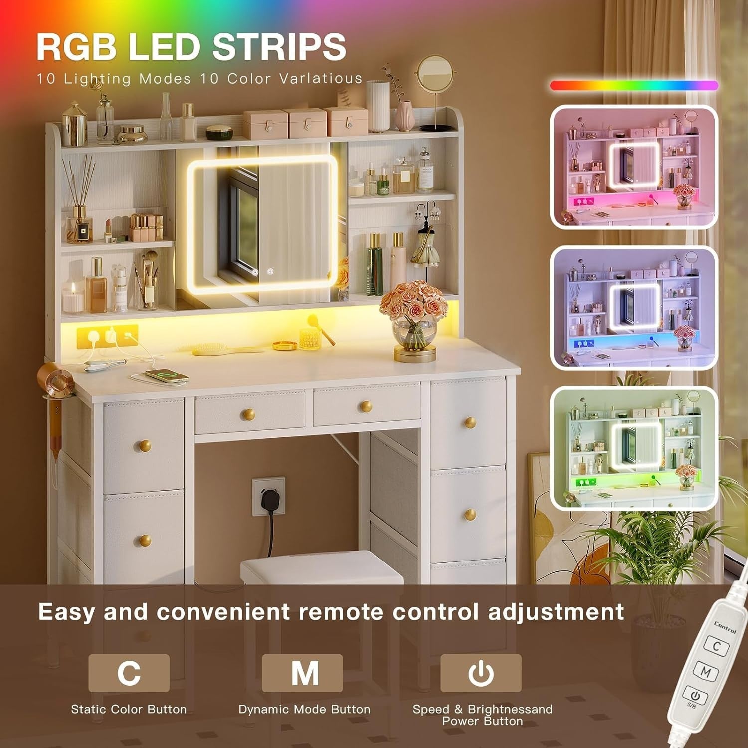Modern Dressing Table w/ LED Mirror Power Outlet 8 Drawers & Chair White