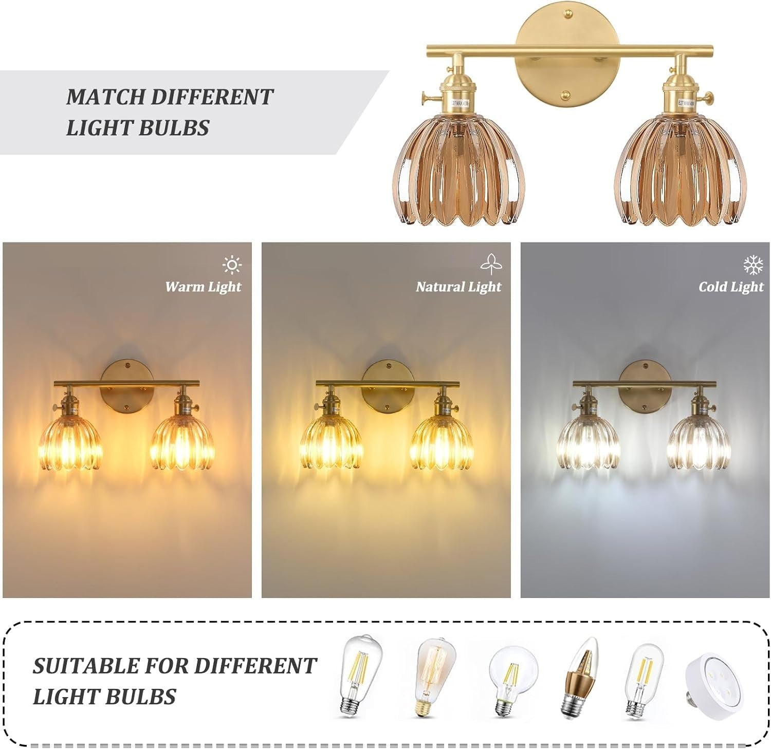 2-Light Amber Glass Wall Sconce Vanity Light Vintage Brass Fixture