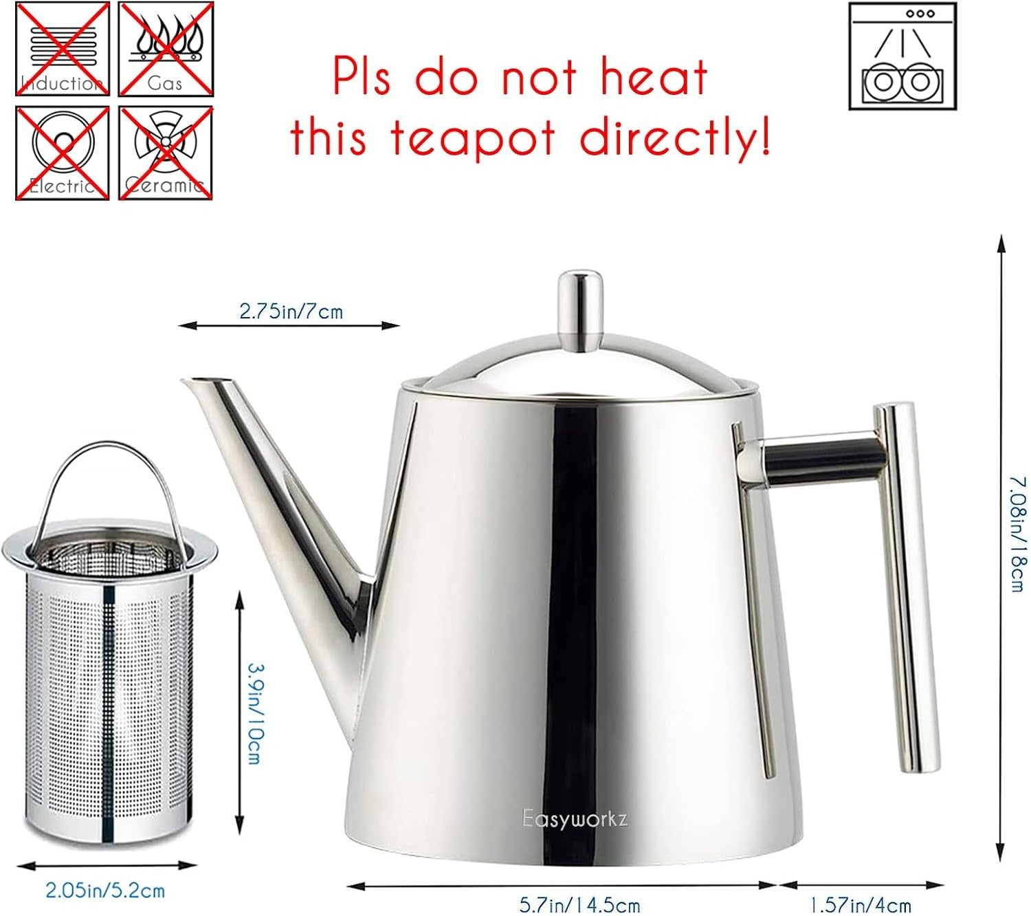 Double Wall Stainless Steel Teapot 1000ml Removable Infuser Tea Pot
