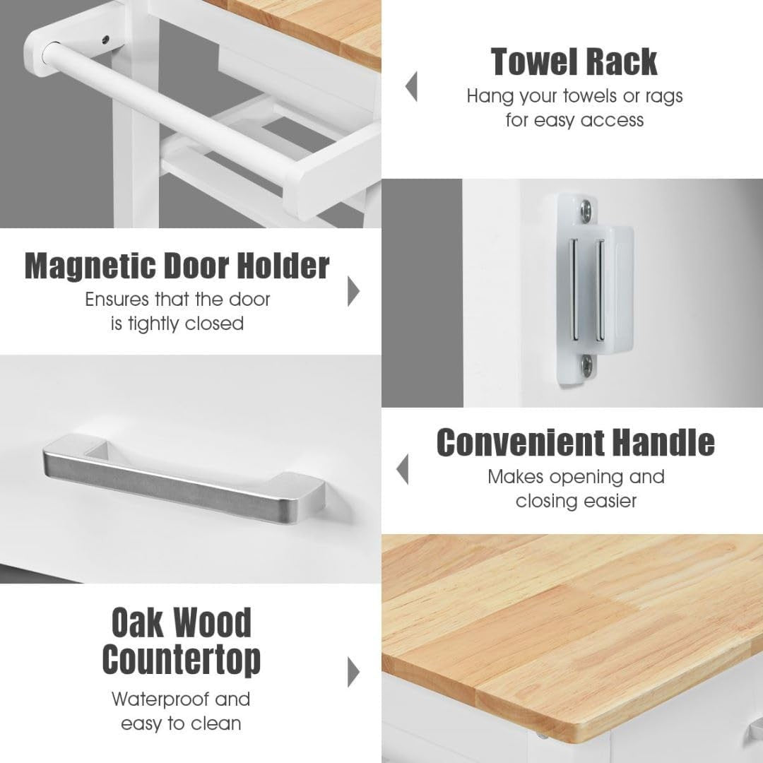 Rolling Kitchen Island Cart with Oak Countertop, Storage, Wine & Towel Rack