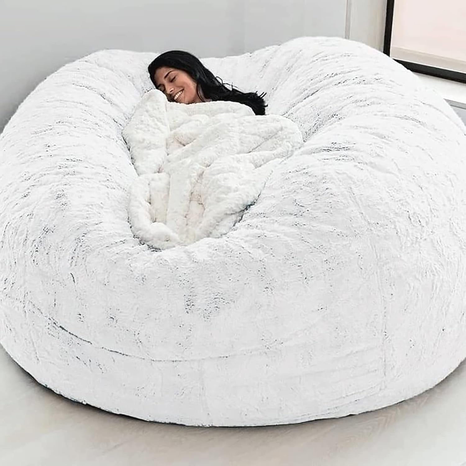White Giant Faux Fur Bean Bag Chair Cover Ultra Soft Fluffy 5ft Seat Sofa