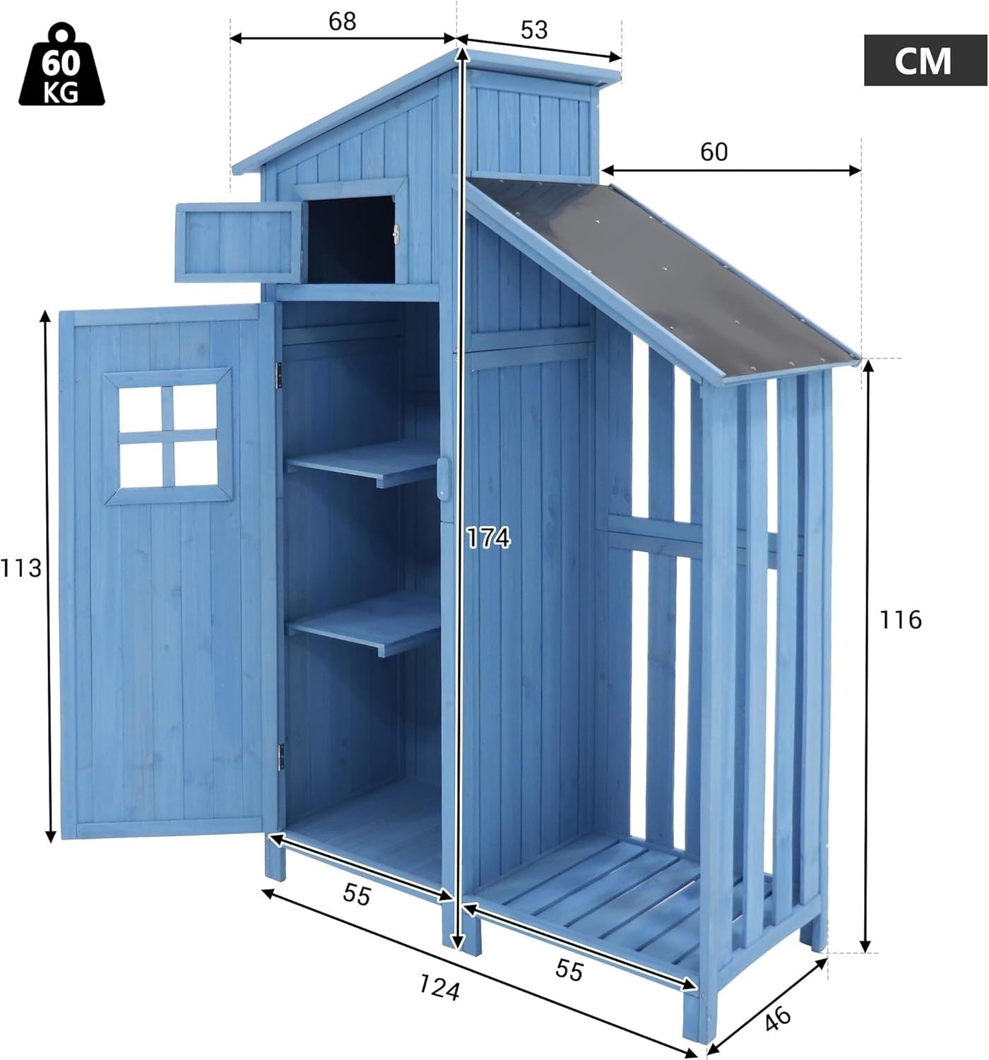 124x46x174cm Blue Wooden Garden Tool Shed Outdoor Storage Cabinet