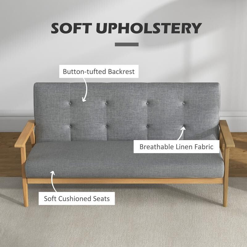 3 Seater Sofa Dark Grey Linen Tufted Couch with Wood Frame Lounge Seating