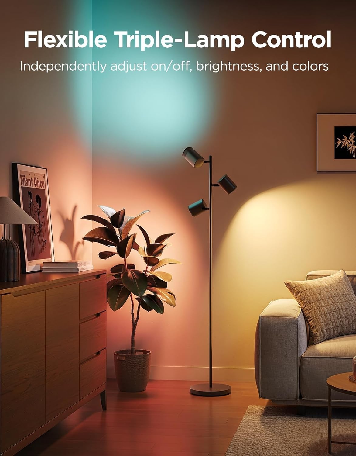 Adjustable 3-Head LED Floor Lamp with Alexa, Music Sync & 64 Scenes, 157cm