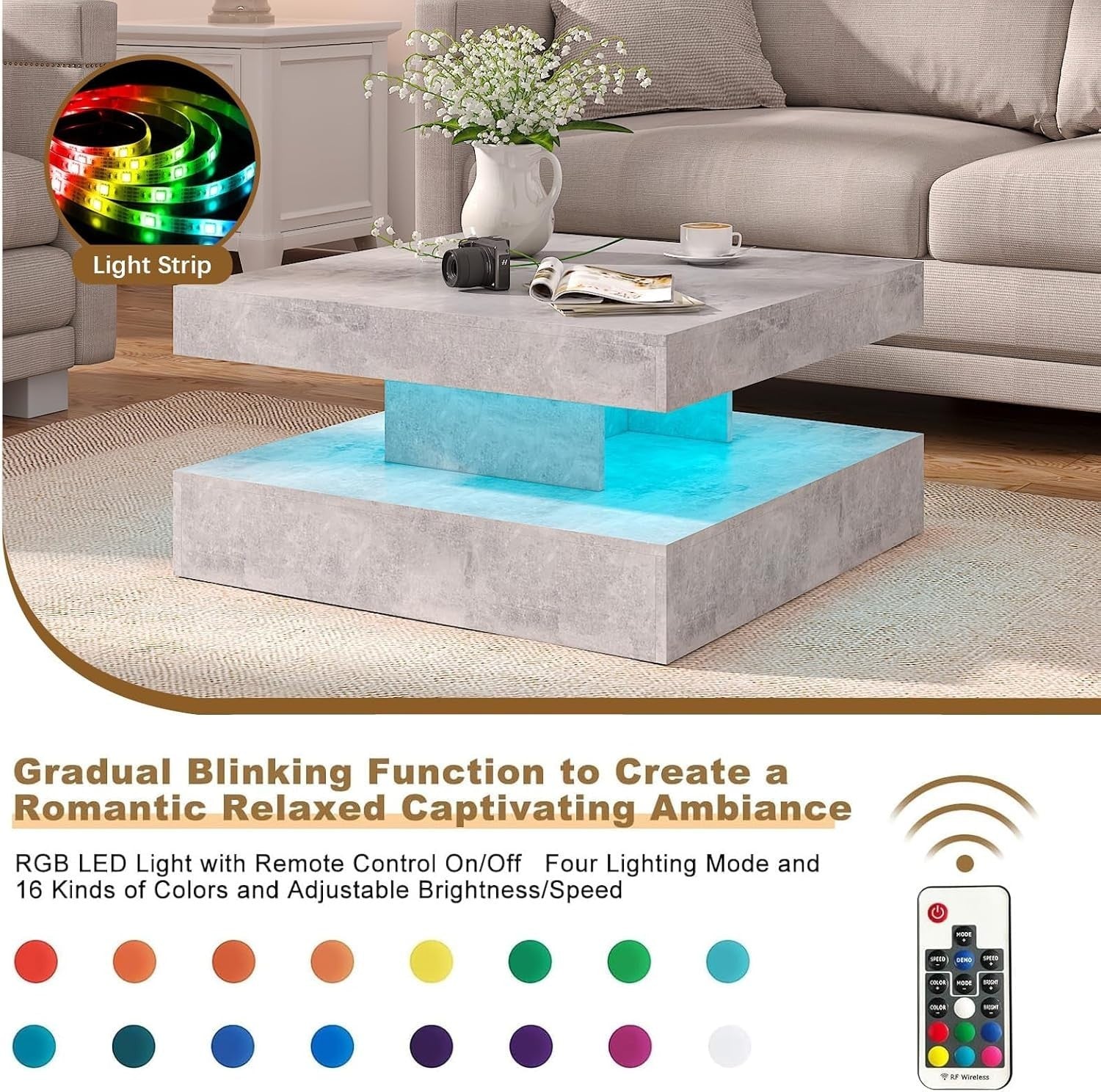 Grey Square LED Coffee Table with Storage, 2-Tier High Gloss 78x78cm