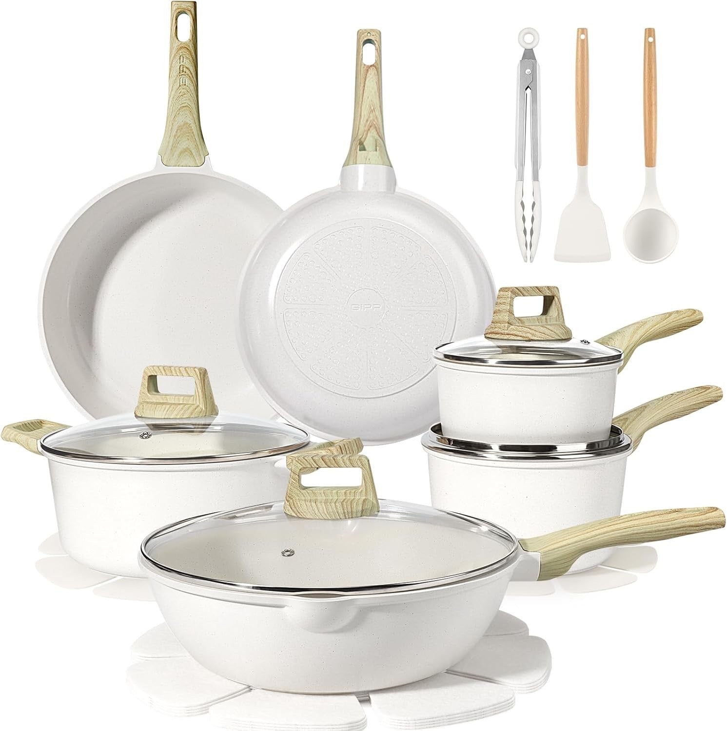 18Pcs White Ceramic Non-Stick Cookware Set with Glass Lids & Utensils, PFAS-Free