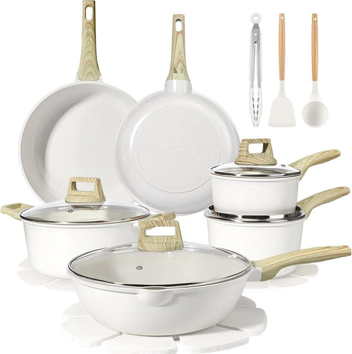 18Pcs White Ceramic Non-Stick Cookware Set with Glass Lids & Utensils, PFAS-Free
