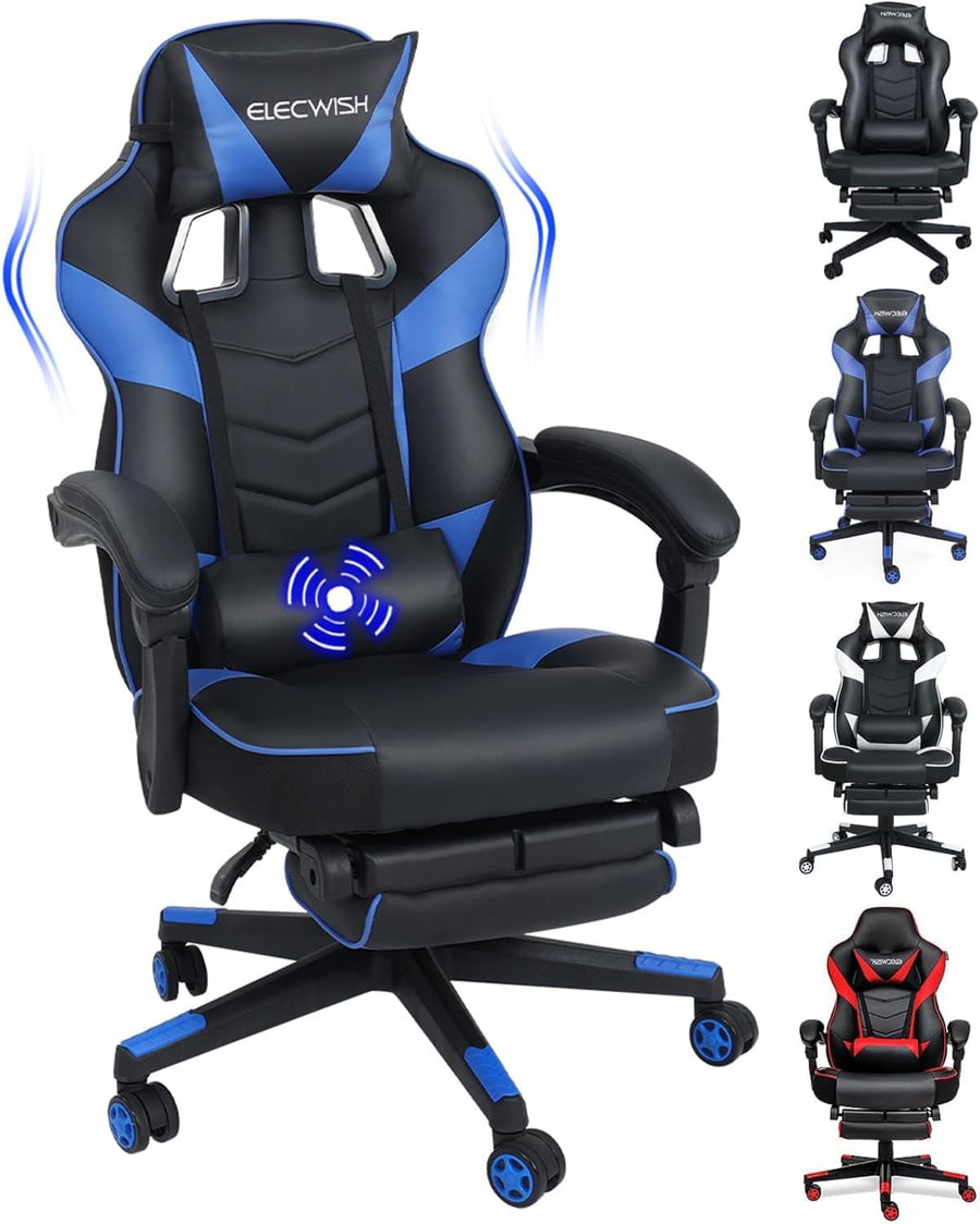 Ergonomic Gaming Chair with Footrest Massage 150° Recline Blue